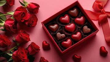 Valentine's day chocolate box with heart-shaped candies and red roses on pink background photo