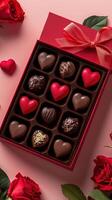Red heart shaped chocolates in elegant box surrounded by roses and hearts photo