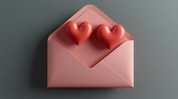 Pink envelope with two red hearts for valentine's day or love messages photo