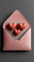Pink envelope with heart-shaped chocolates for valentine's day celebration photo