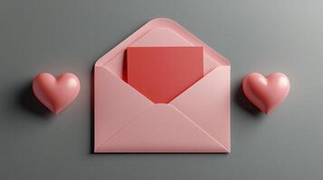 Pink envelope with love letter and hearts on gray background photo