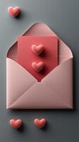 Love letter in pink envelope with hearts on gray background photo