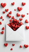 Red hearts falling from an envelope on white background photo