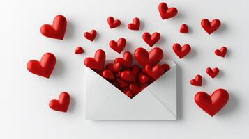 White envelope with red hearts spilling out on a white background photo