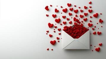 White envelope filled with red hearts spreading across a light background photo