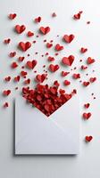 Red paper hearts falling out of an open white envelope on a plain background photo