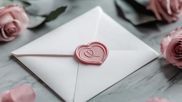 Romantic white envelope with heart-shaped wax seal and pink roses on marble background photo
