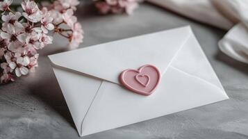 White envelope with heart seal next to pink cherry blossom flowers photo