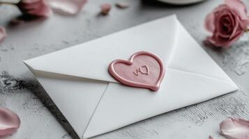 Elegant white envelope sealed with heart wax seal surrounded by rose petals photo