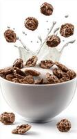 Chocolate cereal with milk splashing in a bowl, healthy breakfast concept photo