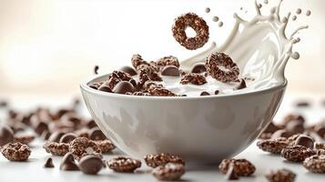 Chocolate cereal bowl with milk splash and chocolate chips on a white background photo