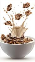 Splash of milk with chocolate cereal in white bowl on white background photo