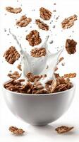 Cereal bowl with milk splash and floating cereals in white background photo