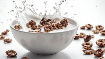Bowl of chocolate cereal dipping in milk with splash and droplets photo