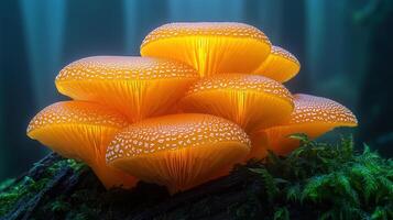 Illuminated orange mushrooms growing in a forest environment photo