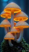 Glowing orange mushrooms illuminating a dark forest scene at night photo