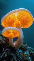 Glowing mushrooms with vibrant orange gills in a dark forest setting photo