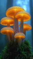Glowing mushrooms illuminated in a misty forest with ferns photo