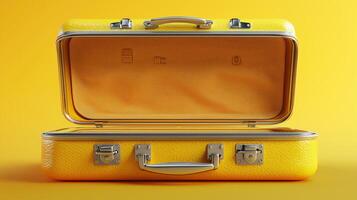 Open yellow suitcase on bright background for travel and packing concepts photo