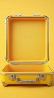 Open yellow hard-shell suitcase on yellow background for travel concept photo