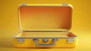 Open yellow suitcase on a bright yellow background for travel or storage photo