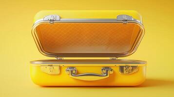 Open yellow suitcase on a bright yellow background for travel and adventure photo