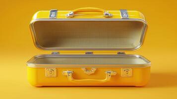 Open yellow suitcase on a vibrant yellow background photo