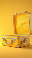 Open yellow suitcase on yellow background with texture inside photo
