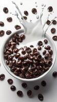 Delicious chocolate cereal with milk splash in a bowl on white background photo