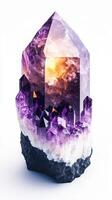 Amethyst crystal with purple and white quartz formation on black base photo