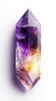 Amethyst crystal geode with colorful inner veins in bright white background photo