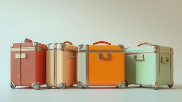 Four vintage colorful carry-on luggage suitcases on white background photo