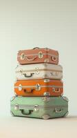 Stack of vintage suitcases in various colors for travel preparation photo