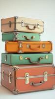 Colorful vintage suitcases stacked creatively on a light background photo
