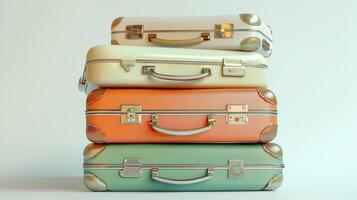 Stack of vintage hard shell suitcases in pastel colors on white background photo