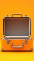 Empty orange suitcase on vibrant yellow background for travel and adventure photo