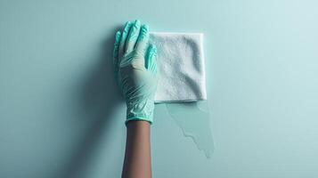 Hand in green latex glove cleaning surface with cloth and water photo