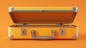 Open orange suitcase on bright background for travel and packing concept photo