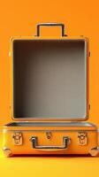 Empty yellow suitcase on vibrant orange background photo