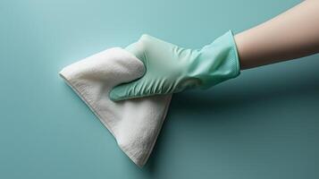 Person in green gloves cleaning surface with cloth in a minimalist space photo