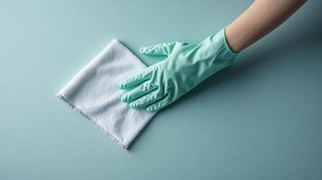 Cleaning with gloved hand and white cloth on blue surface photo