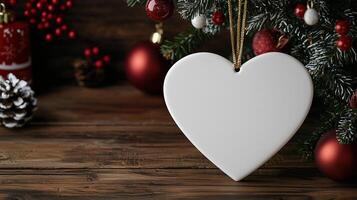 White heart-shaped ornament hanging on a christmas tree with red decorations photo