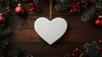 White heart ornament surrounded by christmas decorations on wooden background photo