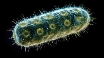 Microscopic image of a bacteria with hair-like flagella on a dark background photo