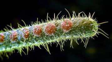 Close-up view of a plant stem with hairy texture and colorful nodes photo