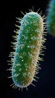 Microscopic view of green bacterium with hair-like structures on surface photo