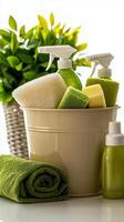 Cleaning supplies arranged in a bucket with green towels and a plant in the background photo