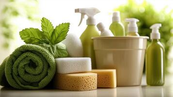 Eco-friendly cleaning supplies and accessories on a bright kitchen counter photo