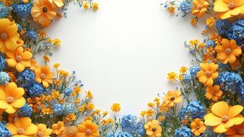 Vibrant floral border with yellow and blue flowers on a white background photo