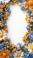 Floral frame with orange and blue flowers on white background for decoration photo